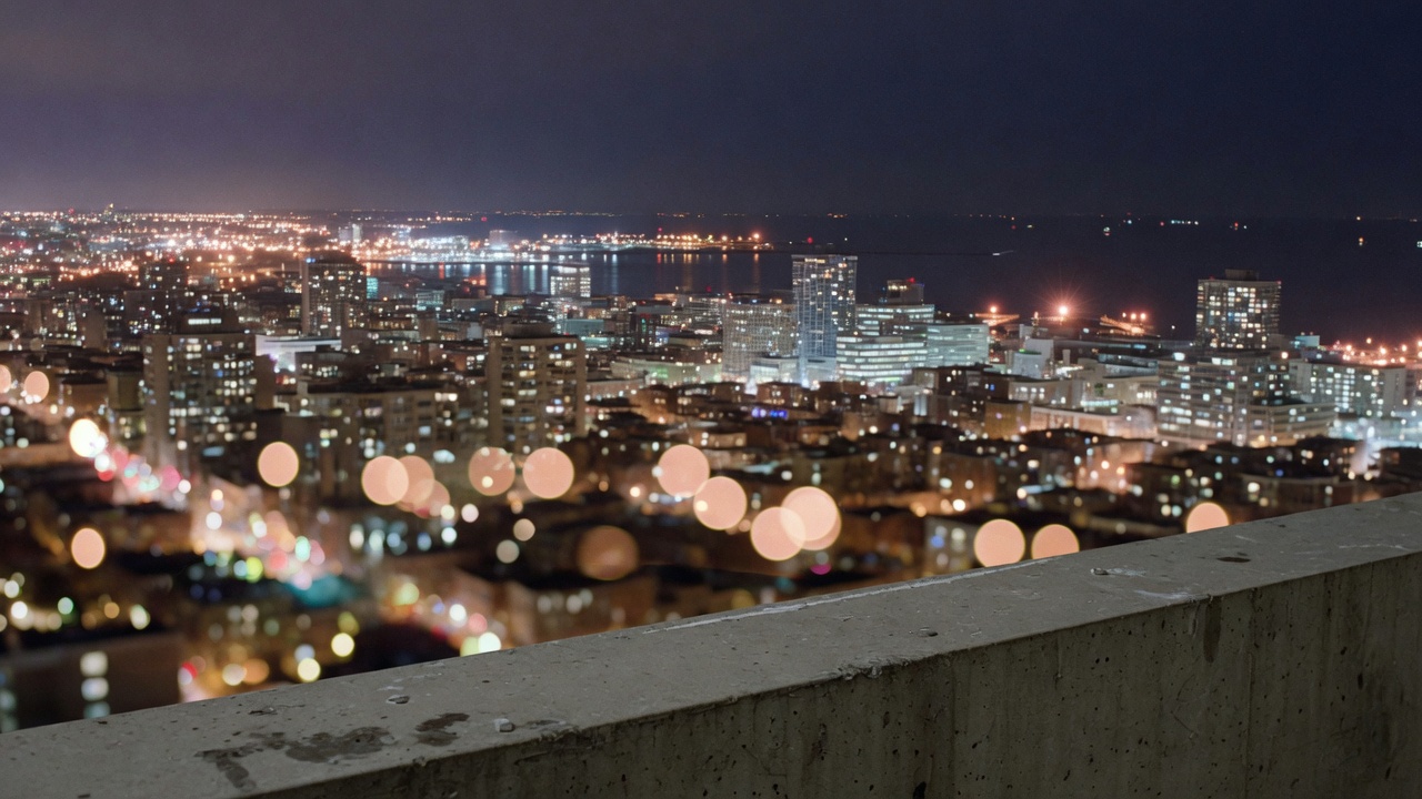 Out-of-focus night city lights seen from a rooftop parapet.
